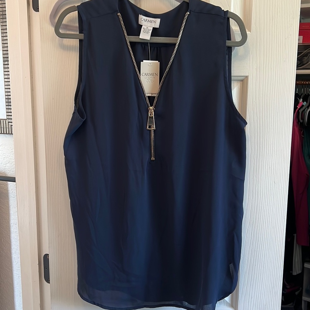 🆕Carmen Marc Valco Navy sleeveless blouse with gold zipper